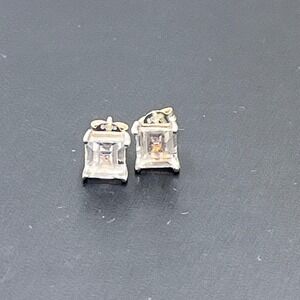 SCBS Signed Sterling Silver Square Princess White Topaz Prong Set Stud Earring